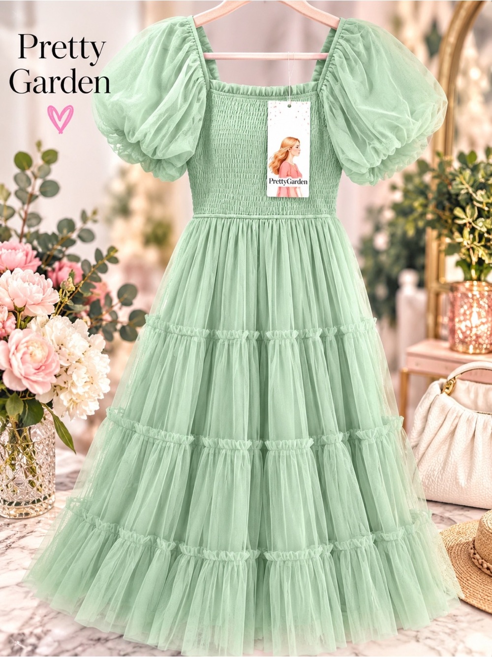 PRETTYGARDEN Smocked Tulle Midi Dress Puff Sleeve Mint Green NWT